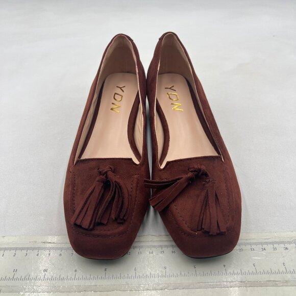 YDN Brown Block Low Heel Loafer Square Toe Tassel Fringe Pump Slip On Dress Shoe - Picture 3 of 8